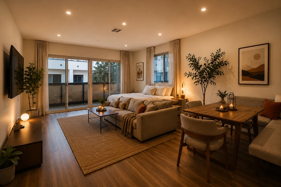 Warm cinematic Airbnb studio apartment after digital interior mood transformation, with layered amber lighting, cozy bed, sofa, dining area, plants, curtains and wooden floor.