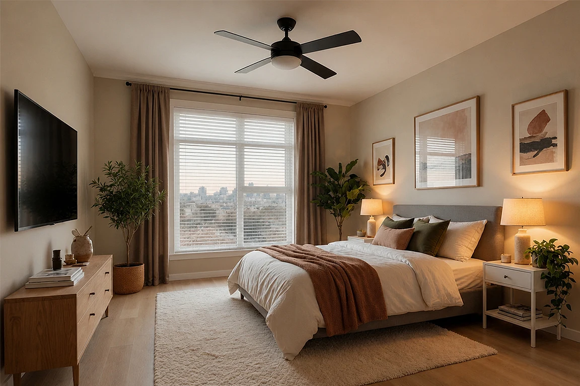 Warm modern bedroom after AI interior mood concept, featuring soft layered lighting, cozy rug, curtains, plants, framed wall art, neutral bedding and elegant relaxing atmosphere.