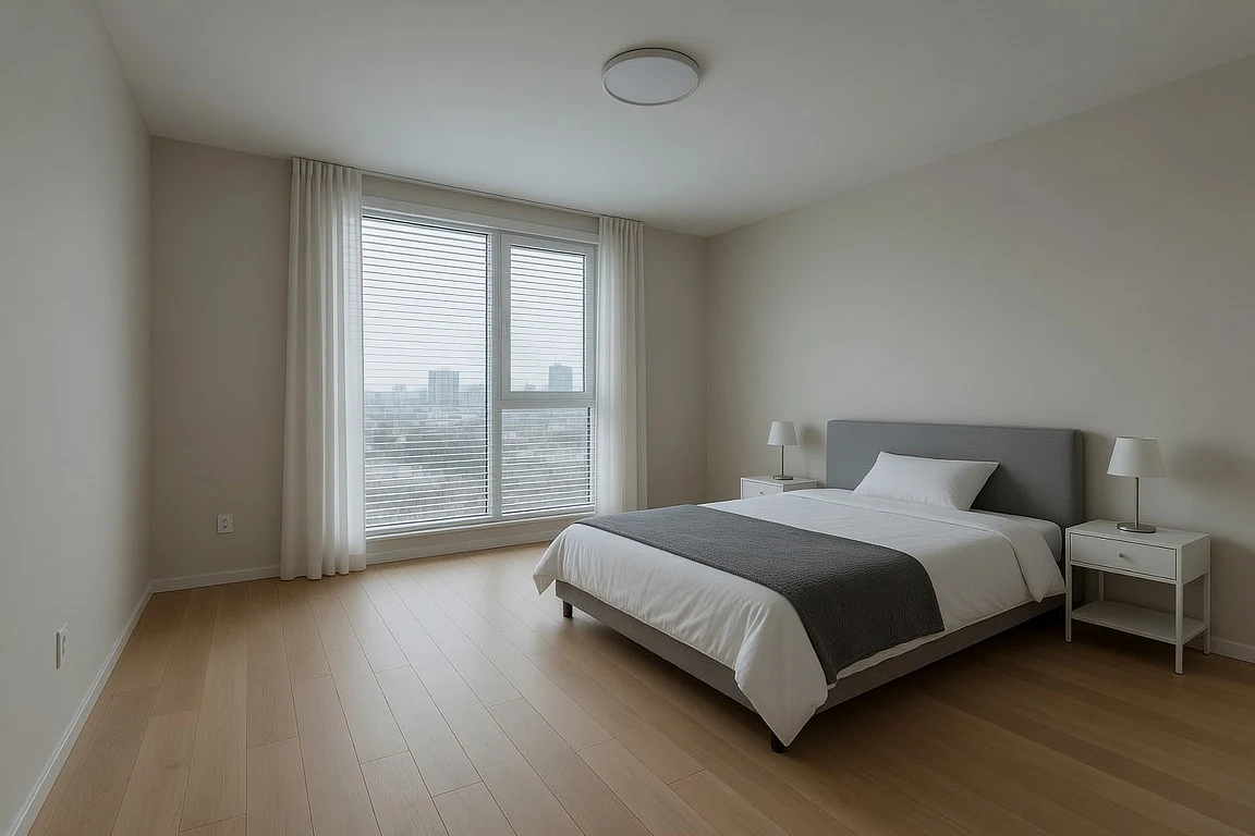Minimal bedroom before digital room mood transformation, with plain walls, simple bed, basic bedside tables, cold natural light and empty undecorated floor space.