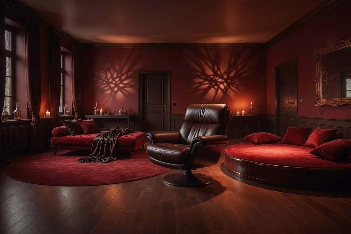 Dark red cinematic lounge after interior mood transformation, with leather armchair, velvet seating, candlelight, dramatic shadow patterns, deep red walls and luxurious intimate atmosphere.