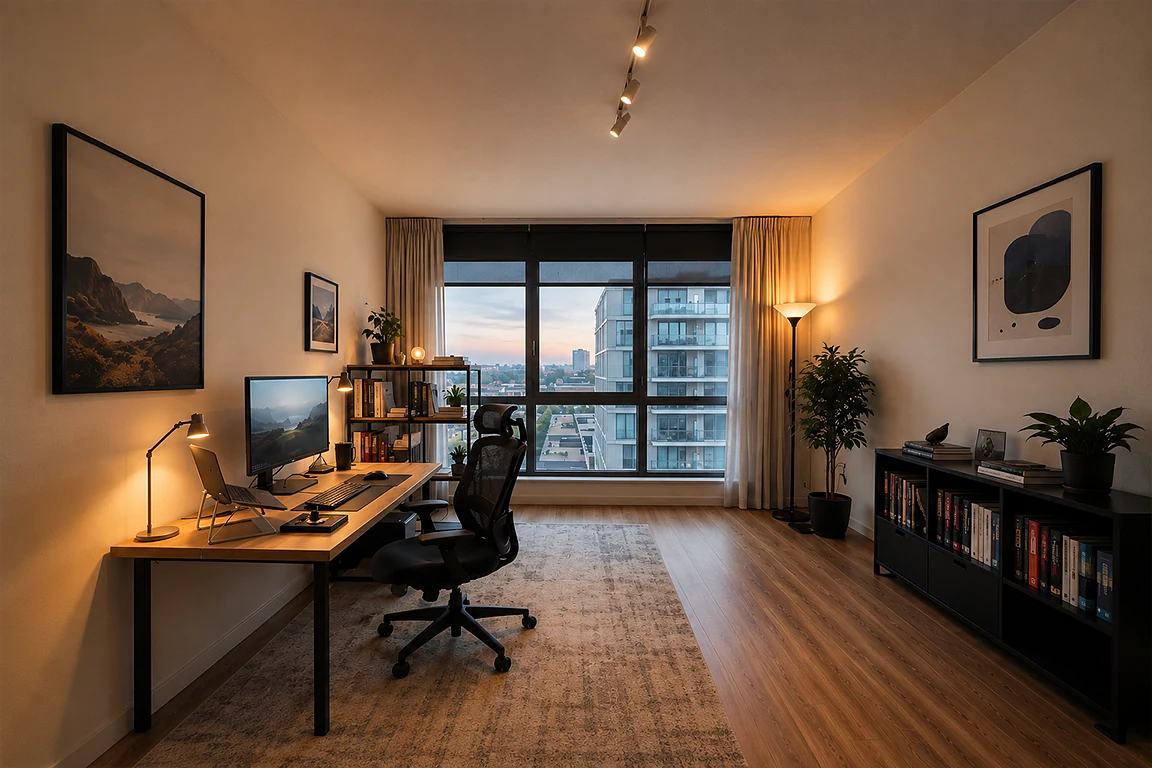 Premium cinematic home office after AI interior mood transformation, with warm desk lighting, ergonomic chair, bookshelves, framed art, plants, rug and professional creator workspace atmosphere.