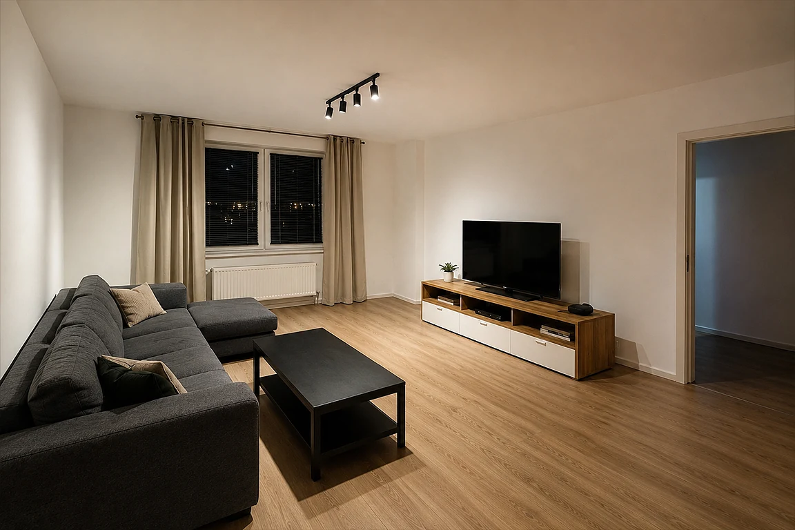 Basic living room before ambient mood transformation, with simple sofa, TV unit, coffee table, plain walls, ceiling spotlights, minimal decor and weak atmospheric presentation.