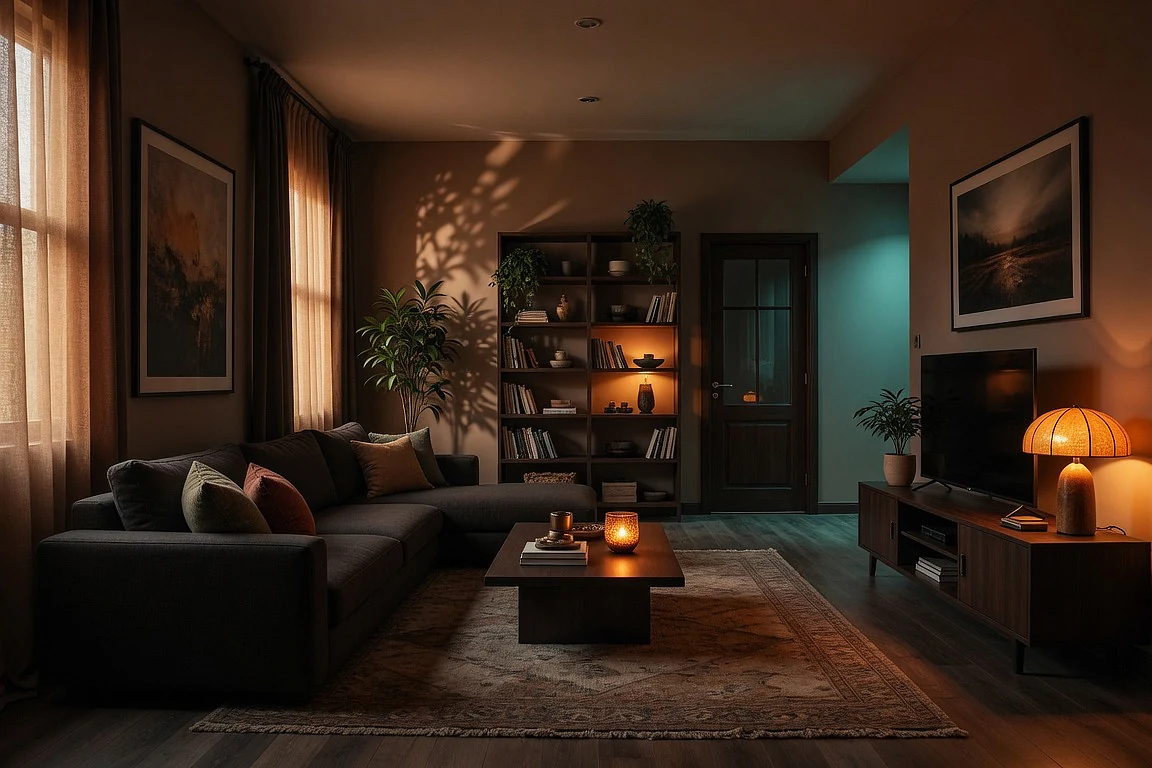 Living studio after cinematic ambient mood concept, with warm sunset curtains, cozy sofa, bookshelves, TV area, plants, textured rug and subtle teal accent light.