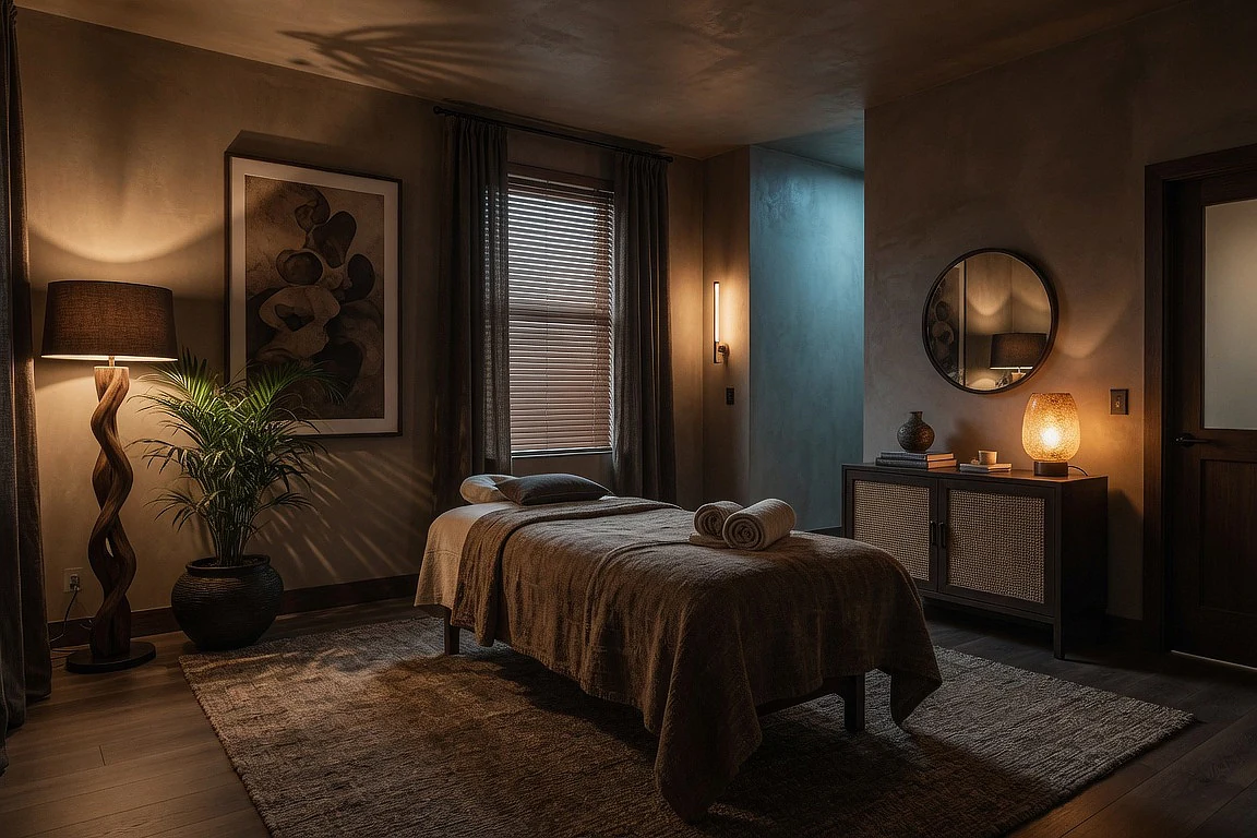 Warm cinematic massage room after spa interior mood transformation, with treatment bed, soft amber lighting, textured walls, plants, curtains, mirror and relaxing wellness atmosphere.