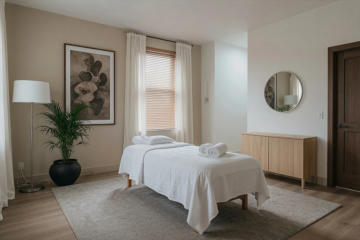 Basic massage therapy room before spa interior transformation, with simple treatment bed, white curtains, floor lamp, plant, cabinet, mirror and minimal relaxing atmosphere.