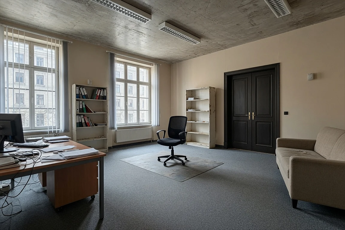 Basic office room before private lounge transformation, with old desk, office chair, shelves, sofa, carpet floor, fluorescent lights and weak interior atmosphere.