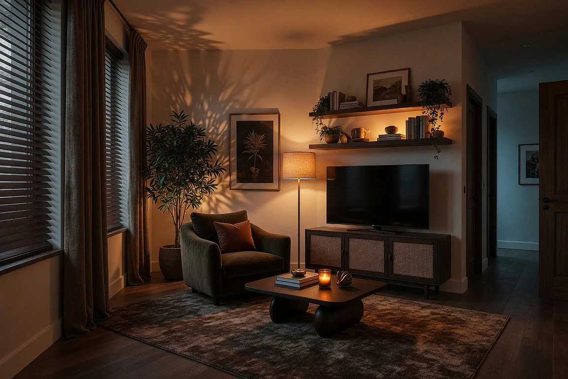 Warm studio apartment after cozy lounge mood transformation, with armchair, TV cabinet, shelves, plants, soft lamp light, textured rug and cinematic evening atmosphere.