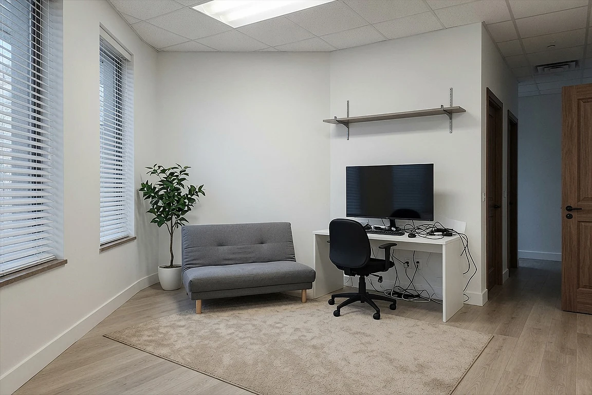 Basic studio apartment before lounge mood transformation, with small sofa bed, desk, computer cables, plant, plain white walls, cold ceiling light and minimal decor.